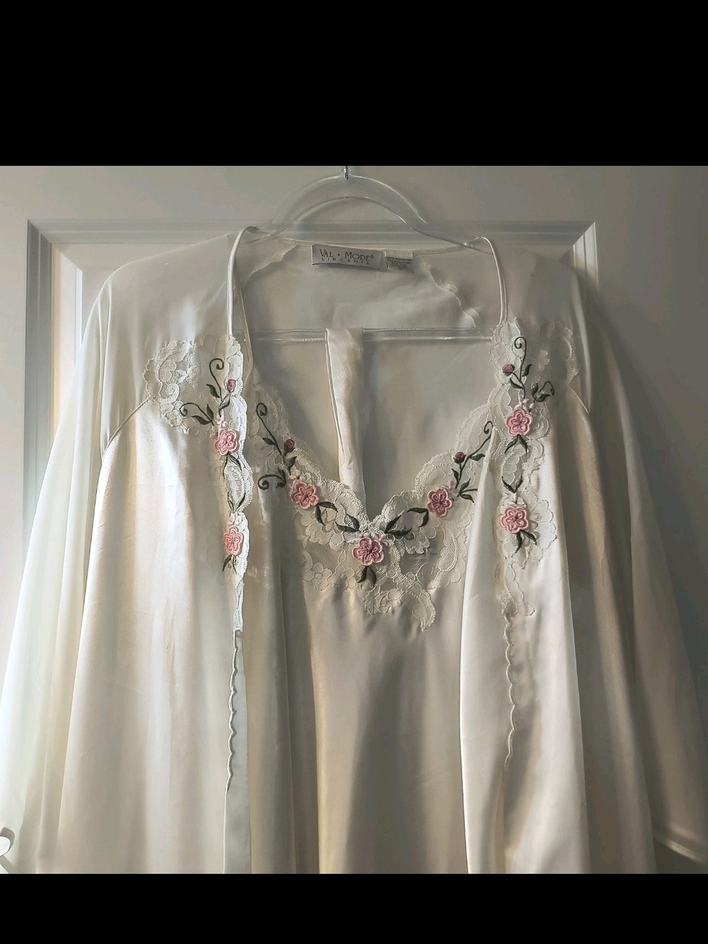 VTG Val Mode Lingerie 2pc Nightgown Robe Set Ivory Floral Lace Bridal Medium